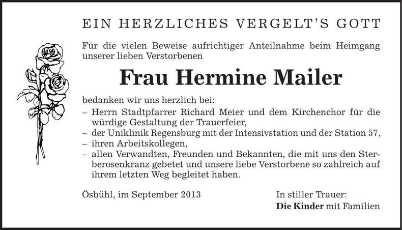 Traueranzeige Hermine Mailer
