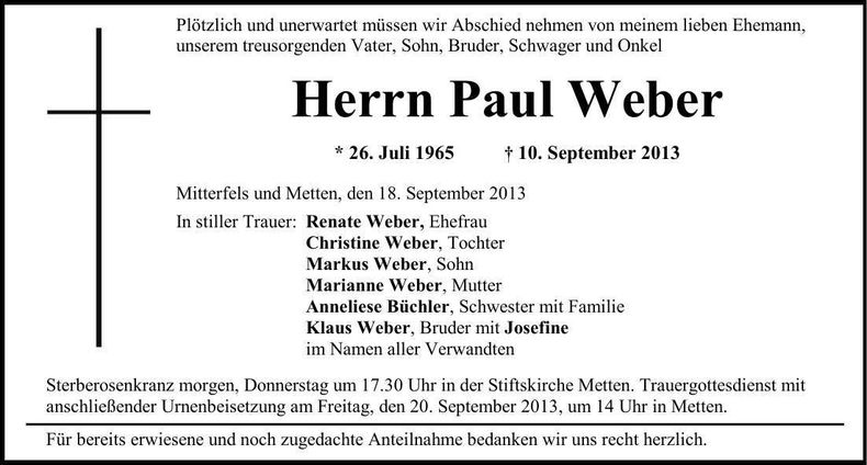 Traueranzeige Paul Weber