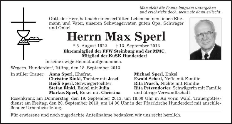 Traueranzeige Max Sperl