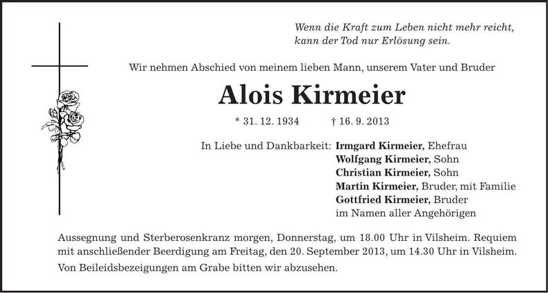 Traueranzeige Alois Kirmeier