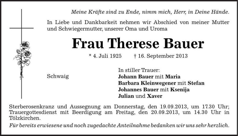 Traueranzeige Therese Bauer