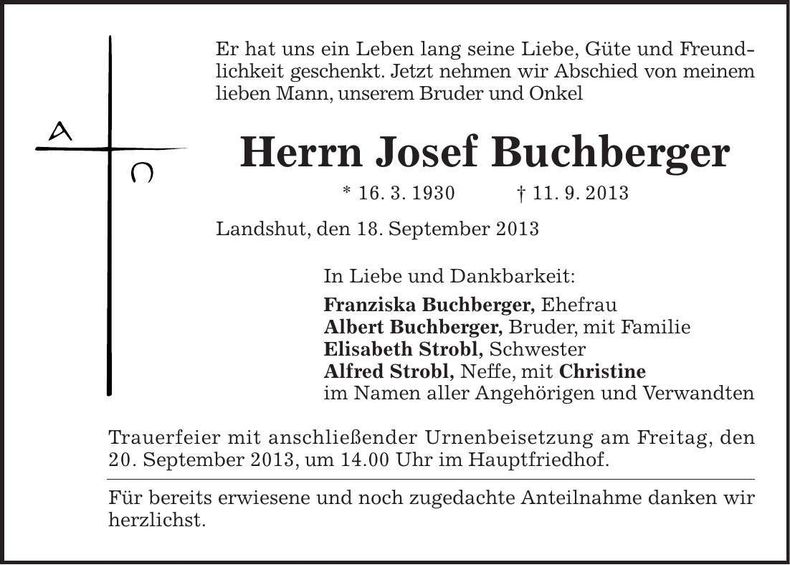 Traueranzeige Josef Buchberger