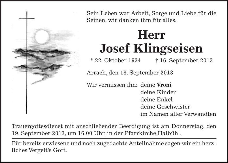 Traueranzeige Josef Klingseisen