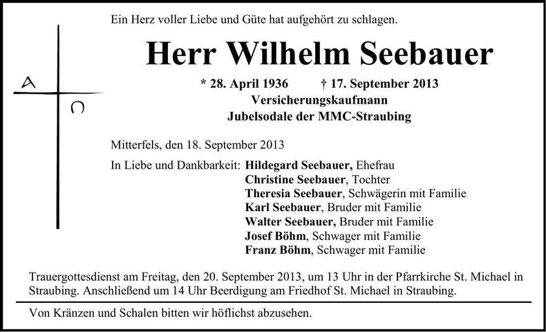 Traueranzeige Wilhelm Seebauer