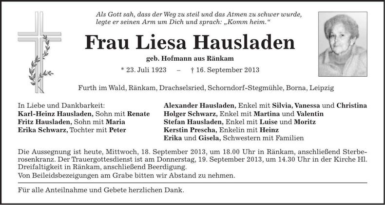 Traueranzeige Liesa Hausladen