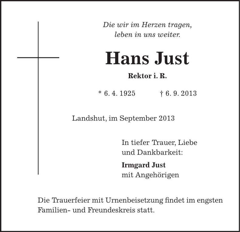 Traueranzeige Hans Just