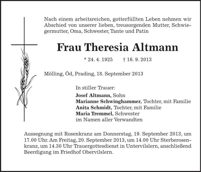 Traueranzeige Theresia Altmann
