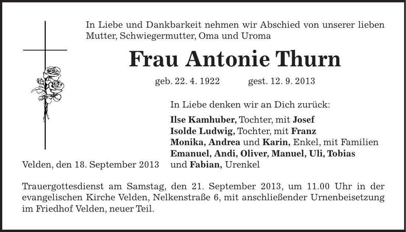 Traueranzeige Antonie Thurn
