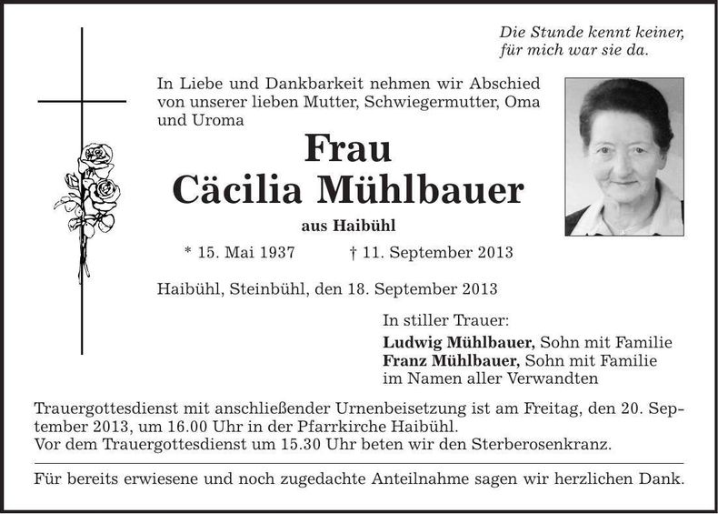 Traueranzeige Cäcilia Mühlbauer
