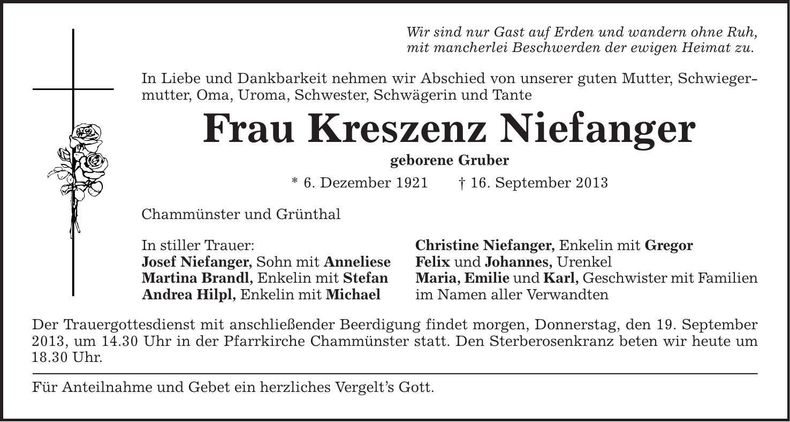 Traueranzeige Kreszenz Niefanger