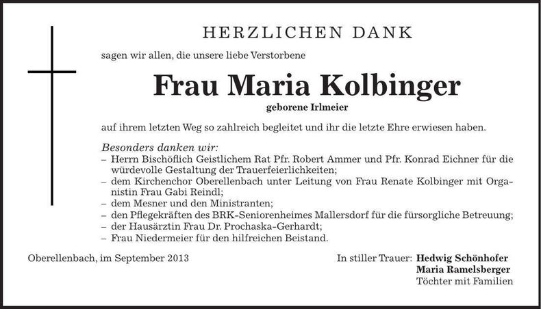 Traueranzeige Maria Kolbinger