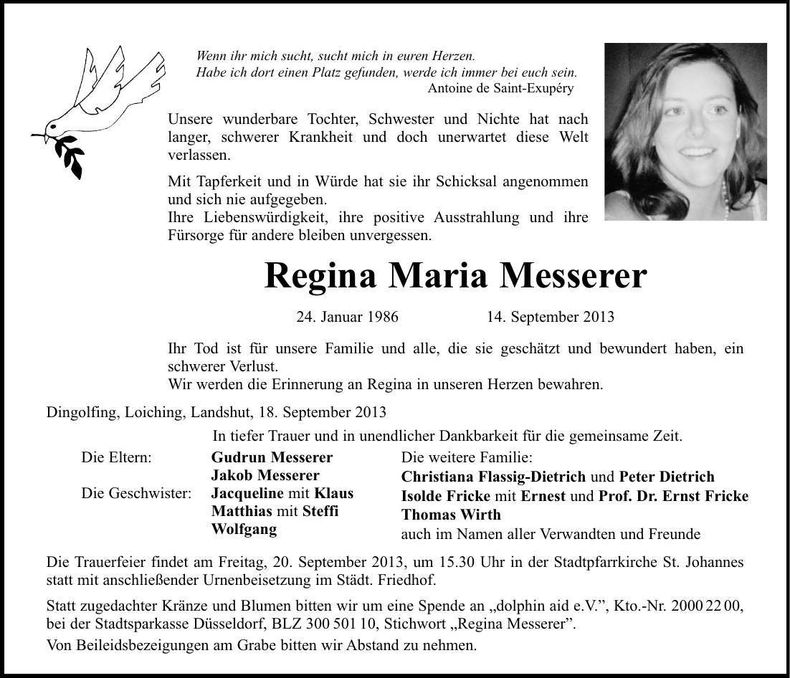Traueranzeige Regina Maria Messerer