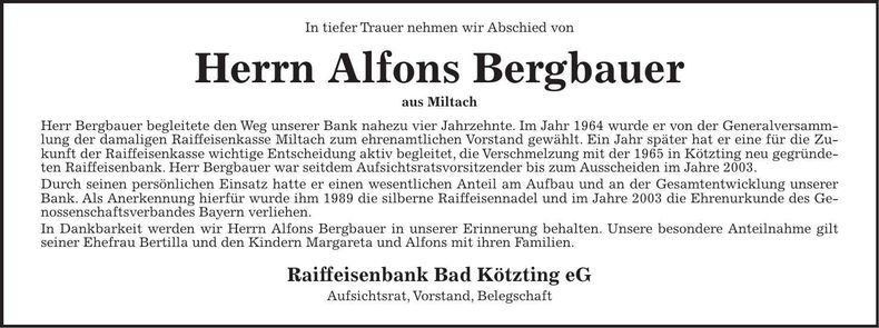Traueranzeige Alfons Bergbauer