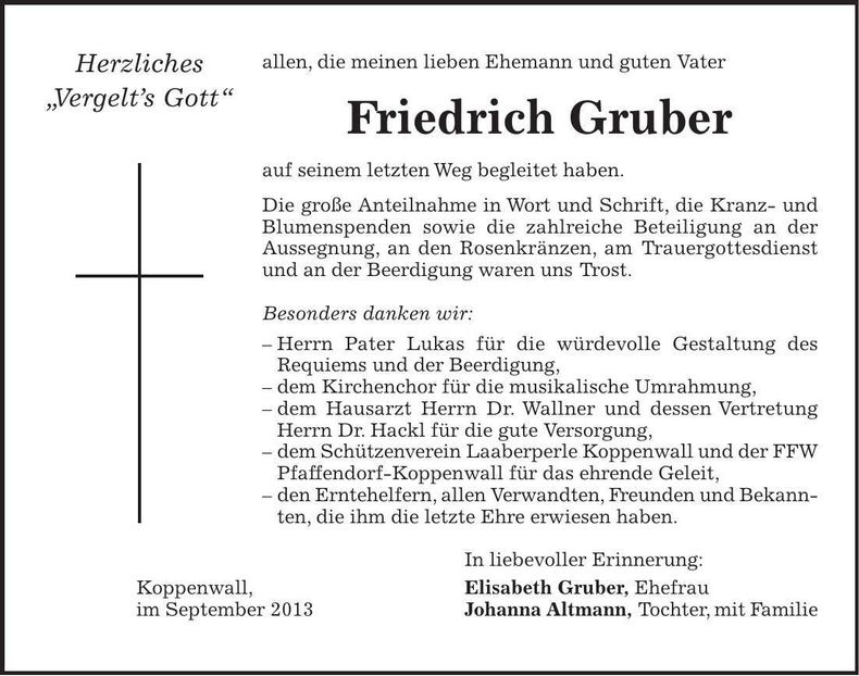 Traueranzeige Friedrich Gruber