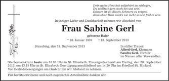 Traueranzeige Sabine Gerl