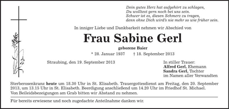 Traueranzeige Sabine Gerl