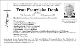 Traueranzeige Franziska Denk