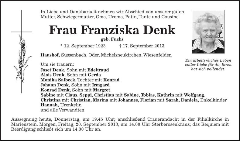 Traueranzeige Franziska Denk