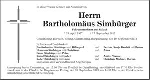 Traueranzeige Bartholomäus Simbürger