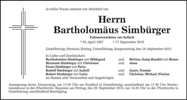 Traueranzeige Bartholomäus Simbürger
