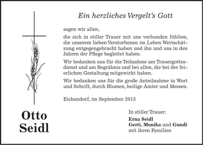 Traueranzeige Otto Seidl
