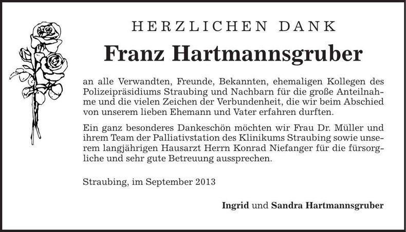 Traueranzeige Franz Hartmannsgruber