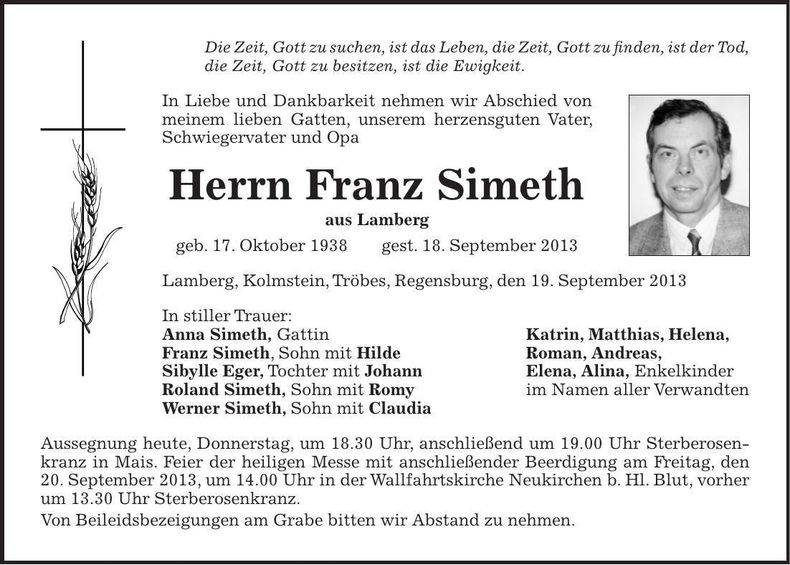 Traueranzeige Franz Simeth