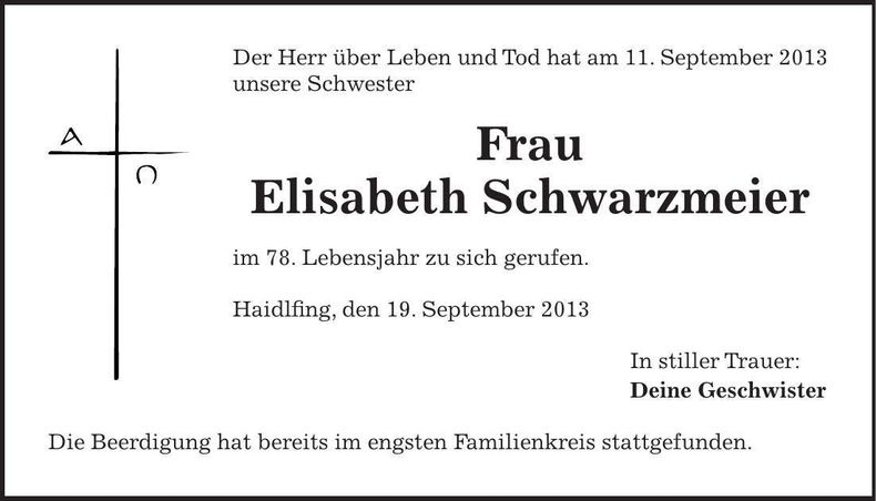 Traueranzeige Elisabeth Schwarzmeier