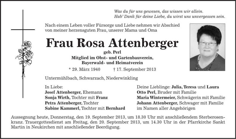 Traueranzeige Rosa Attenberger