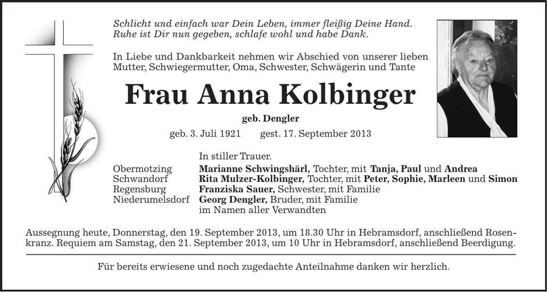 Traueranzeige Anna Kolbinger