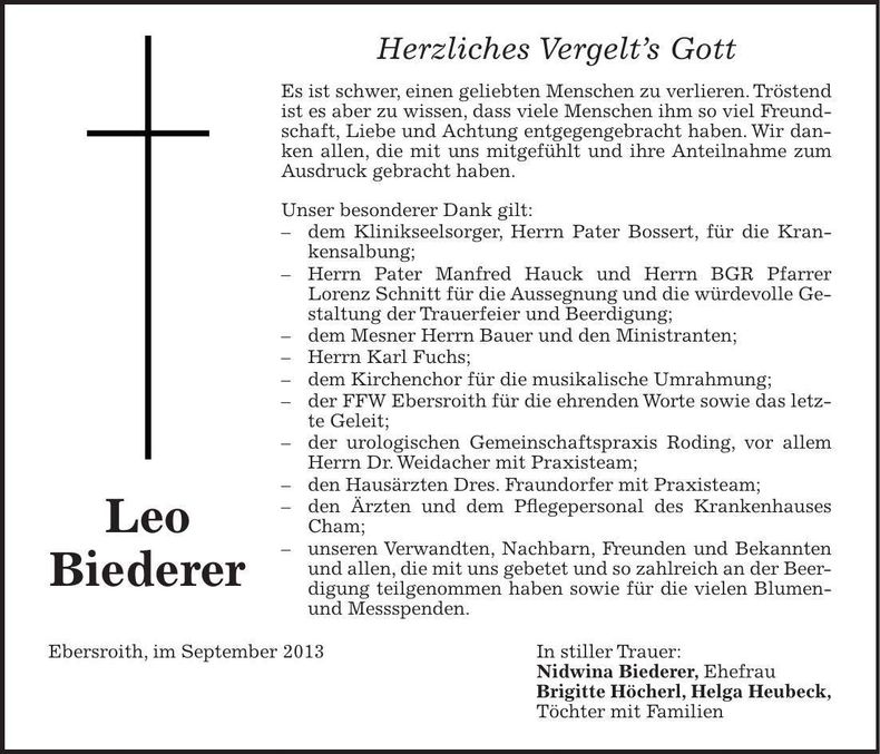 Traueranzeige Leo Biederer