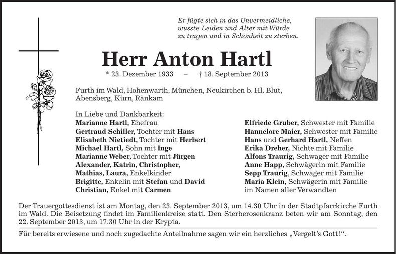 Traueranzeige Anton Hartl