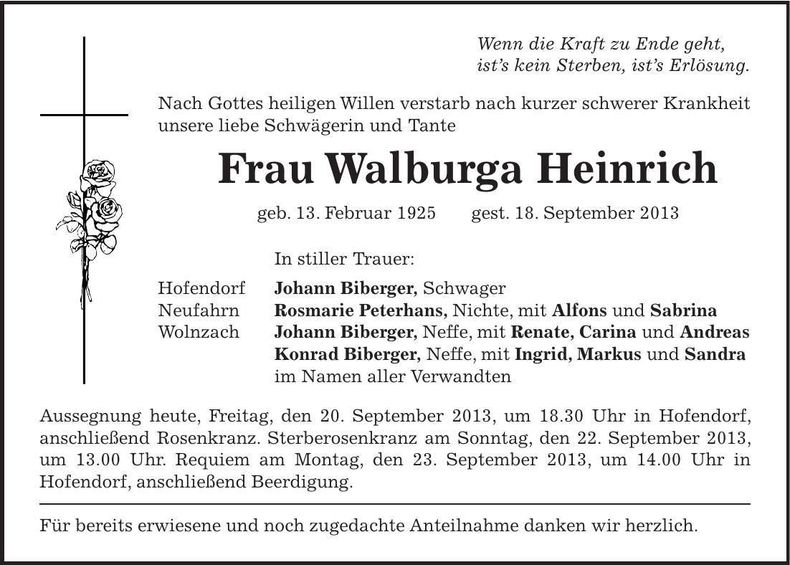 Traueranzeige Walburga Heinrich