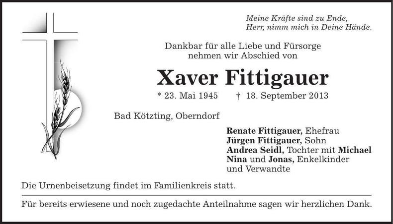Traueranzeige Xaver Fittigauer
