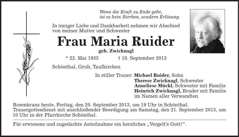 Traueranzeige Maria Ruider