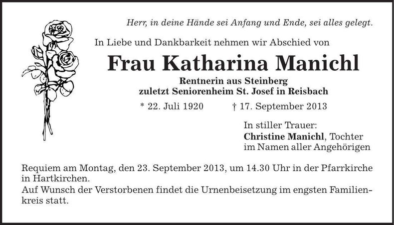 Traueranzeige Katharina Manichl