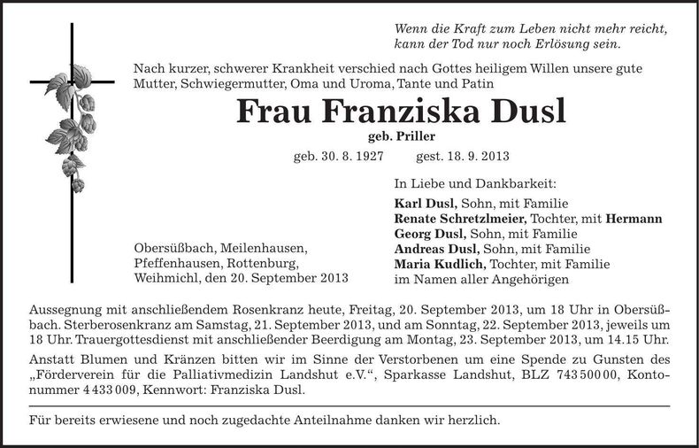 Traueranzeige Franziska Dusl