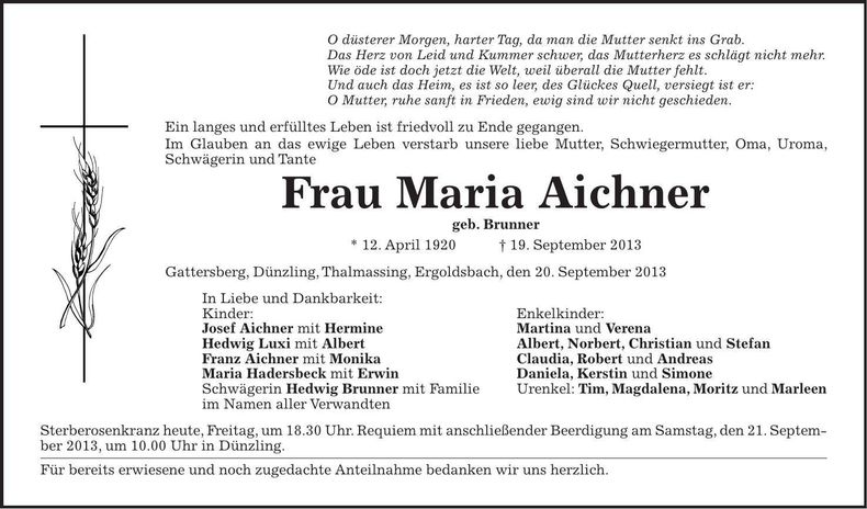 Traueranzeige Maria Aichner