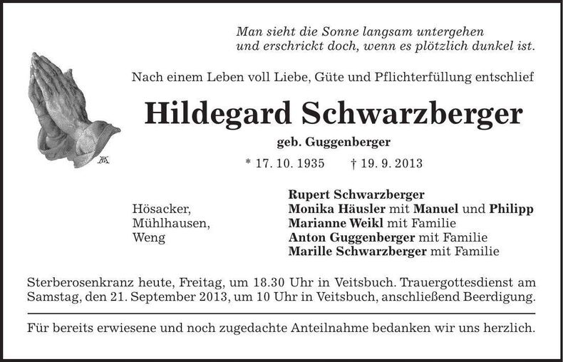 Traueranzeige Hildegard Schwarzberger