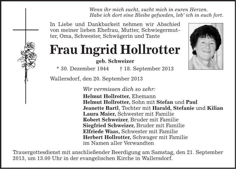 Traueranzeige Ingrid Hollrotter