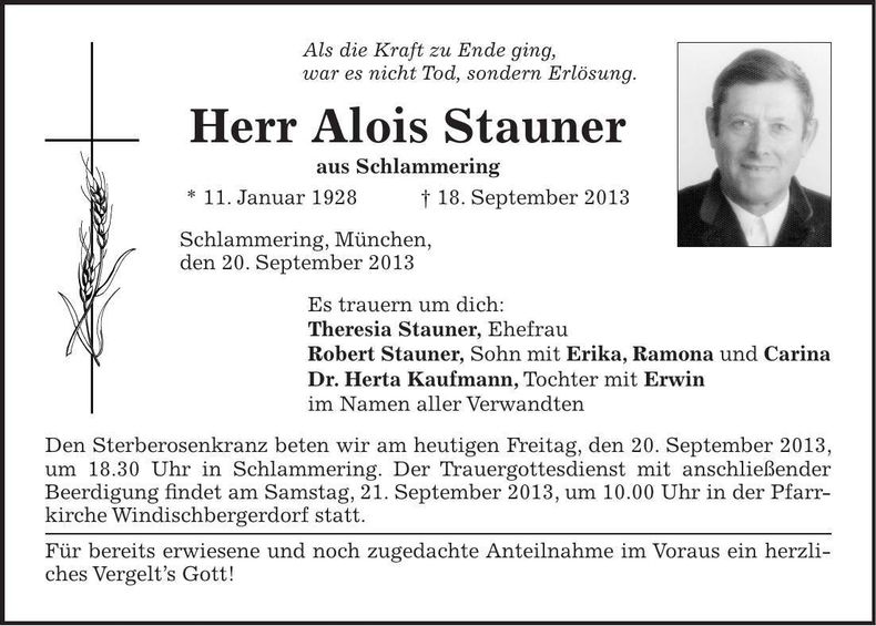 Traueranzeige Alois Stauner
