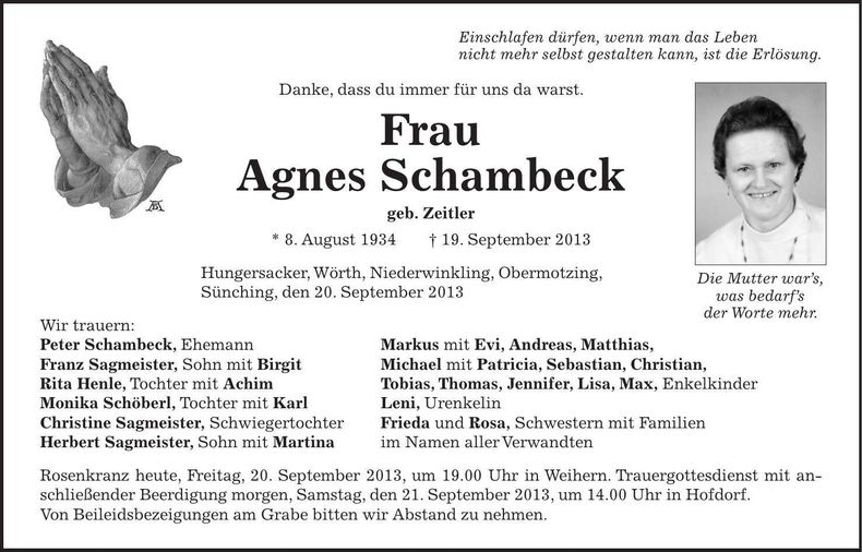 Traueranzeige Agnes Schambeck