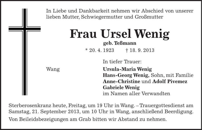 Traueranzeige Ursel Wenig