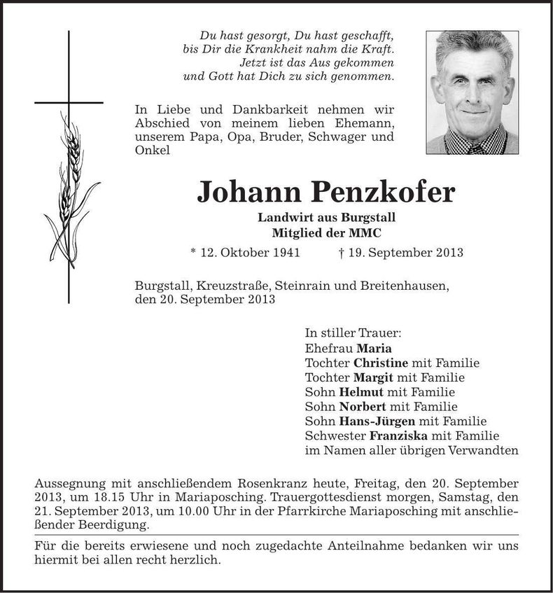 Traueranzeige Johann Penzkofer