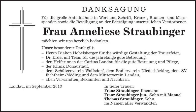Traueranzeige Anneliese Straubinger