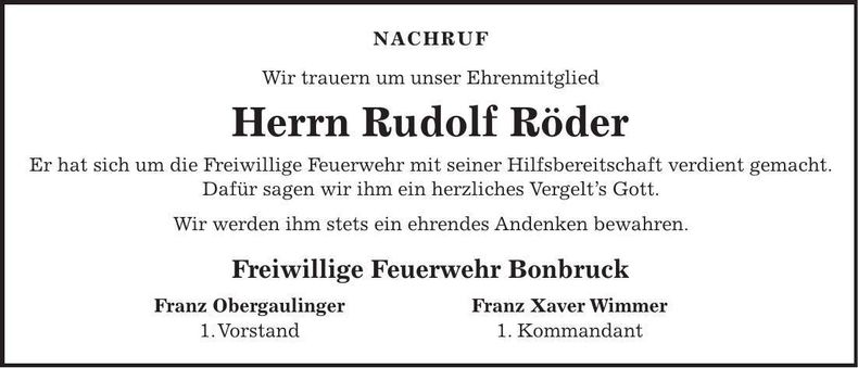 Traueranzeige Rudolf Röder