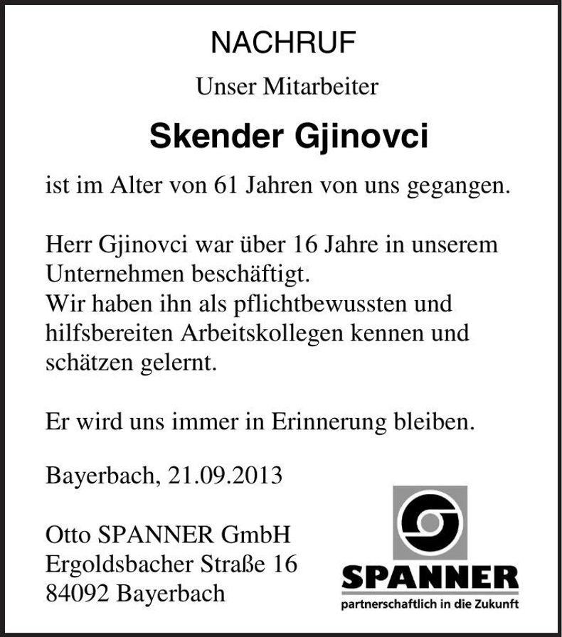 Traueranzeige Skender Gjinovci