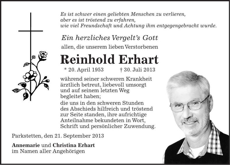 Traueranzeige Reinhold Erhart
