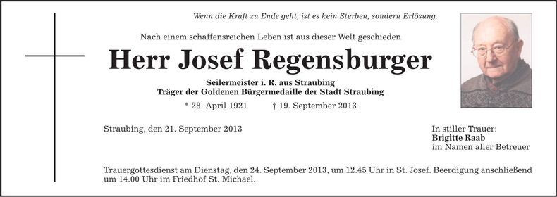 Traueranzeige Josef Regensburger