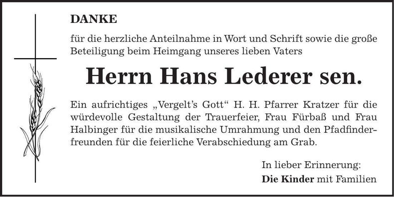 Traueranzeige Hans sen. Lederer